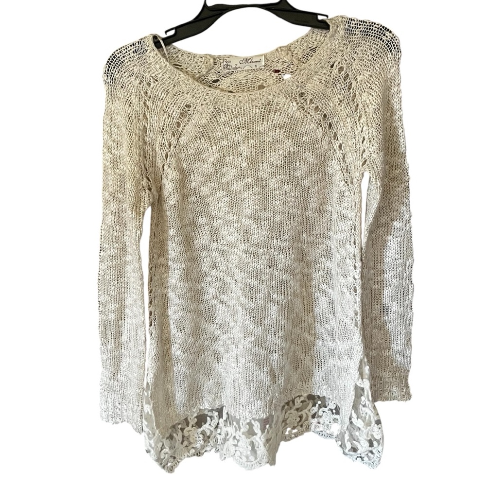 Mirumi White Knit Top - White Lace Long Sleeve Shirt - Women's Small - Layering
